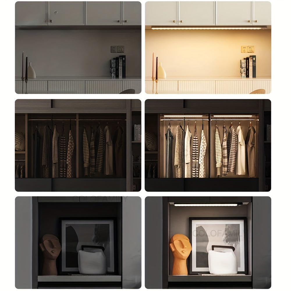 Slim LED motion sensor strip for under-cabinet lighting, perfect for kitchens and workspaces.
