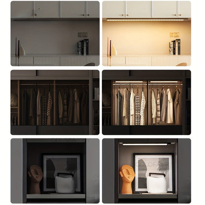Slim LED motion sensor strip for under-cabinet lighting, perfect for kitchens and workspaces.